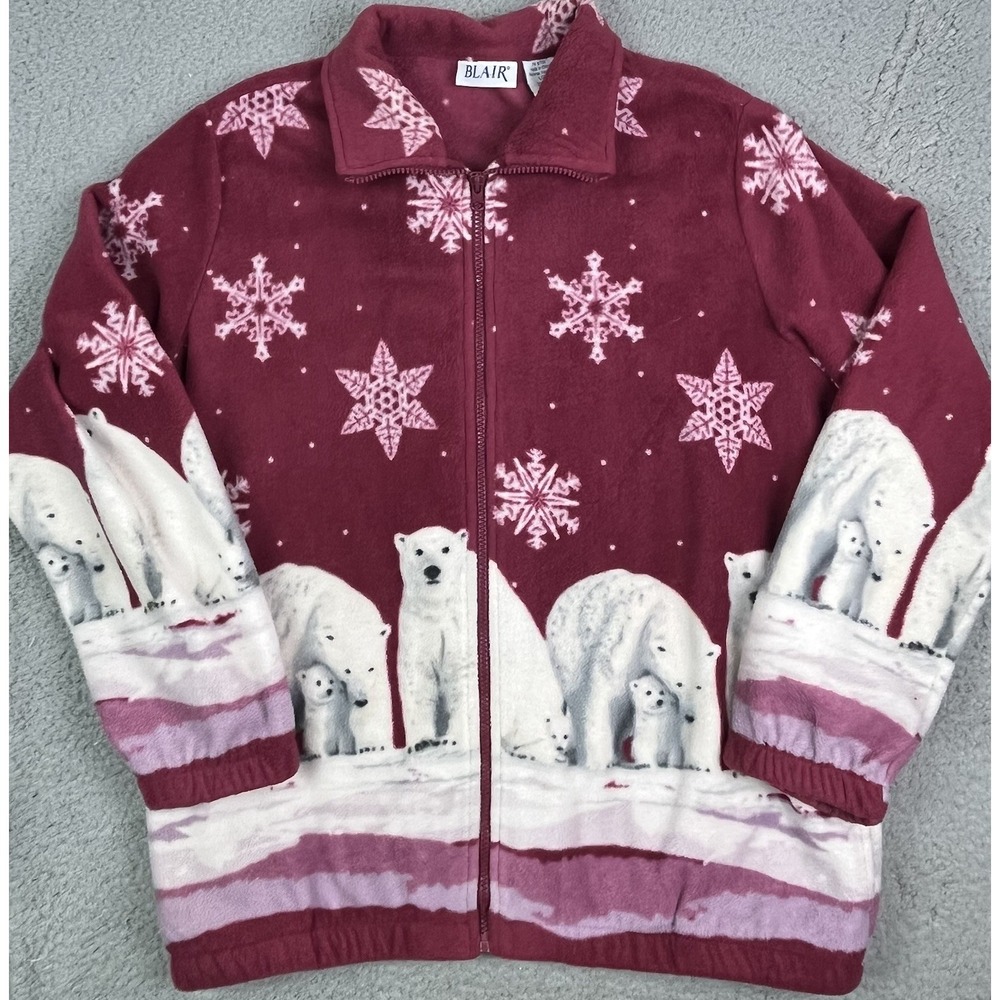 Vintage Blair Fleece Jacket Pink Polar Bears Snowflakes Zip Up‎ Size Large